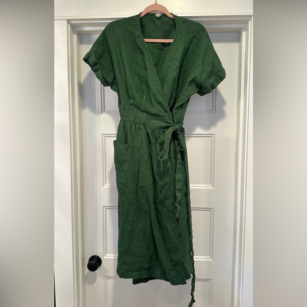 Green Linen Wrap Dress with Tie Waist